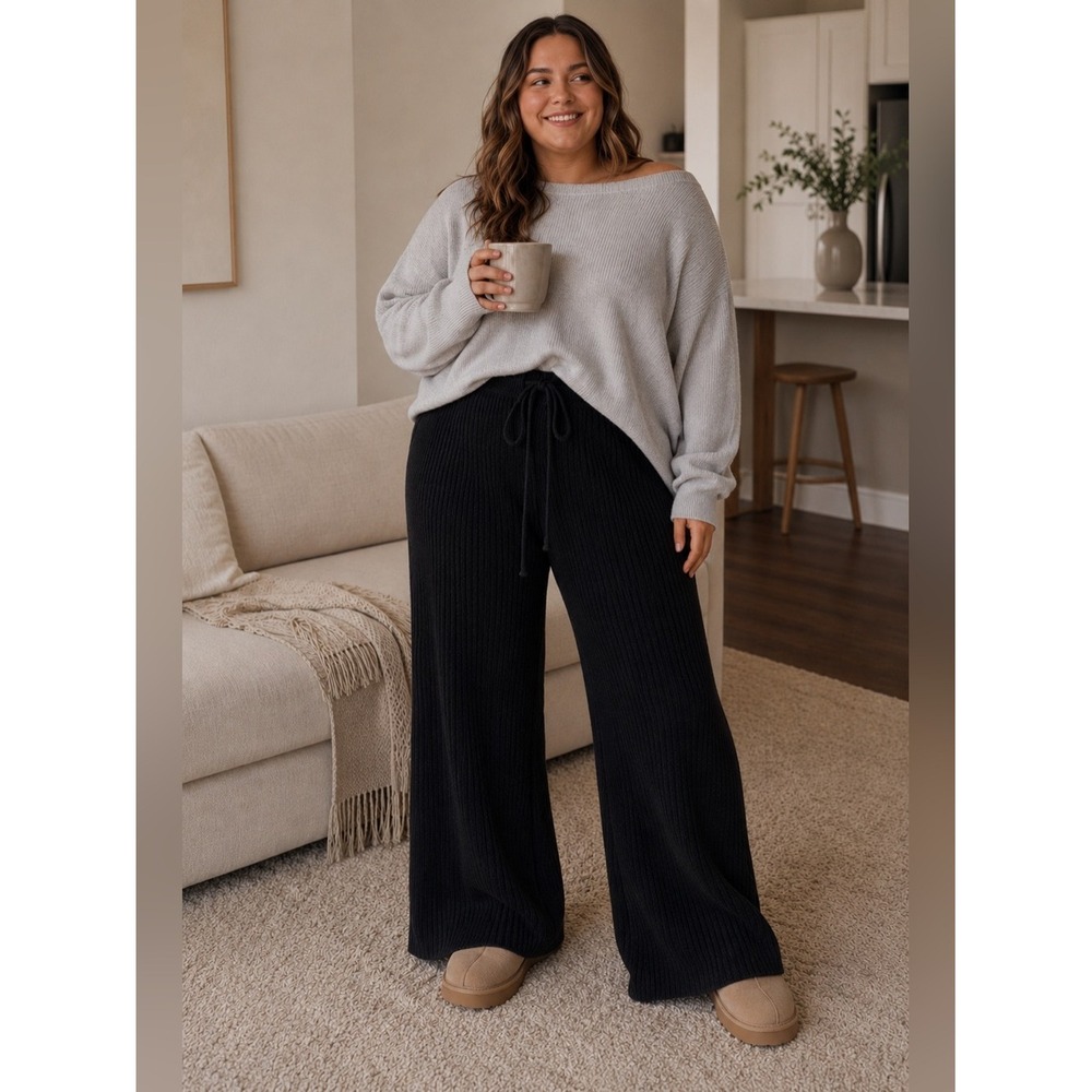 CITY CHIC Wide Leg Sweater Knit Pants 22W Black Wool Blend NEW Loungewear Travel